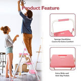 BONTEC 3-Step Ladder, Folding Step Stool, 600lbs Max Load Capacity, Sturdy Steel, Non-Slip Pedals, Lightweight, Portable Steel Ladder with Convenient Handrail, Safety Design for Home & Work, Pink