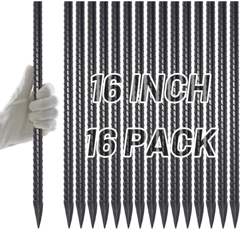 AAGUT 16 Inch Rebar Stakes Heavy Duty 16 Pack 3/8’’ Diameter Landscape Timber Spikes, Straight Stakes with Chisel Point End, Ground Anchors for Camping Tent, Garden Plant Support, Concrete, Black
