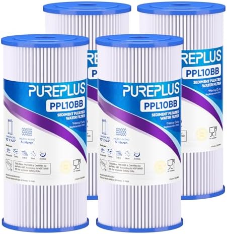 PUREPLUS 10" x 4.5" Whole House Pleated Sediment Filter for Well Water, Replacement Cartridge for GE FXHSC, Culligan R50-BBSA, Pentek R50-BB, DuPont WFHDC3001, American Plumber W50PEHD, GXWH40L, 4Pack