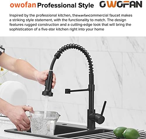 OWOFAN Modern Single Handle Spring Kitchen Faucet with Pull Down Sprayer, Matte Black Kitchen Sink Faucet 866080R