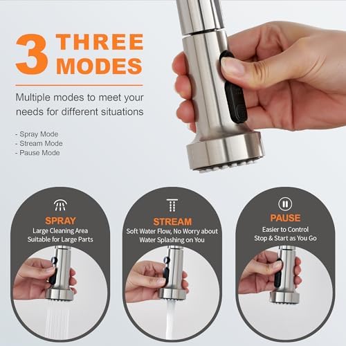 with 15 Adapters Pull Down Kitchen Sink Faucet Head Replacement, 3 Functions Plastic Kitchen Sink Sprayer Nozzle Replacement for Kitchen Faucet, Pause Mode (Brushed Nickel)