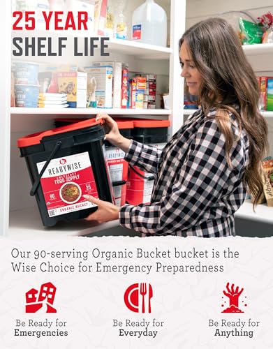 READYWISE - Organic Bucket, 90 Servings, Emergency, MRE Meal, Food Supply, Premade, Freeze Dried Survival Food for Hiking, Adventure and Camping Essentials, Individually Packaged, 25 Year Shelf Life