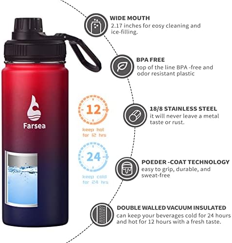 Farsea Insulated Water Bottle With Paracord Handle, Protective Silicone Boot and 2 Lids (Straw Lid & Spout Lid), Stainless Steel Water Bottle Wide Mouth, Double Wall Sweat-Proof BPA-Free, 18 oz