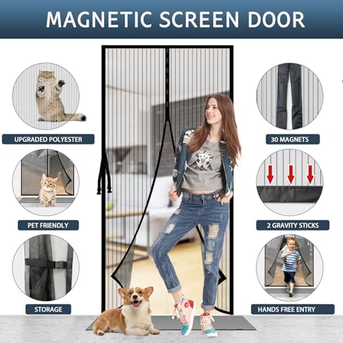 Magnetic Fly Screen Door with Stay Open Buckles - Heavy Duty Self-Sealing Mesh,Powerful Magnets,Full Frame Magic Tape (Fit for Door Size:34x82 Inch,Screen Itself Size:36x84 Inch, Black)