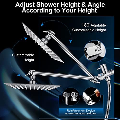 Shower Head Combo,10 Inch High Pressure Rain Shower Head with 11 Inch Adjustable Extension Arm and 5 Settings Handheld ,Powerful Shower Spray Against Low Pressure Water with Long Hose