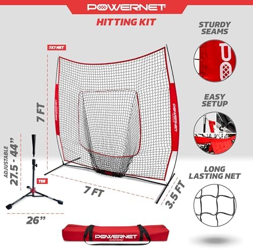 PowerNet Baseball Softball Practice Net 7x7 with Baseball Accessories for Practice Pitching, Batting & Fielding, Ball Caddy, Weighted Baseballs, Tee
