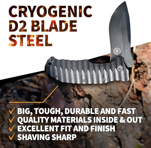 Off-Grid Knives - Rapid Fire Blackout - Large Folding Knife for Camping & EDC, Cryogenic D2 Blade Steel, Titanium Nitride Coating with G10 Scales & Deep Carry Clip