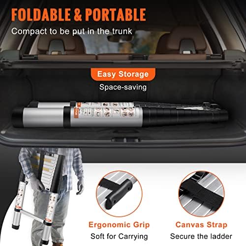 VEVOR Telescoping Ladder, 12.5 FT Aluminum One-Button Retraction Collapsible Extension Ladder, 375 LBS Capacity w/Non-Slip Feet, Portable Multi-Purpose Compact Ladder for Home, RV, Loft, ANSI Listed