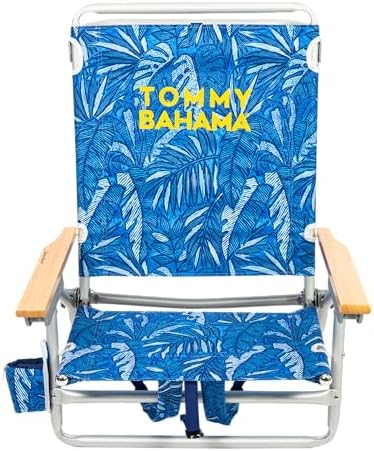 Tommy Bahama 5-Position Classic Lay Flat Backpack Beach Chair with Cooler and Cup Holder, Portable Folding Beach Chair for Tanning, Blue Tropical Leaves