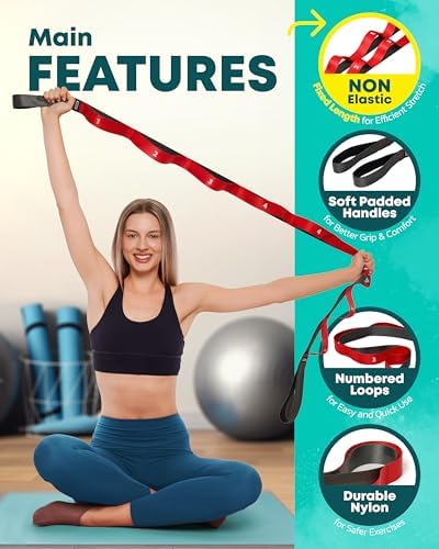 Stretching Strap with Loops - Non Elastic Stretch Band for Physical Therapy, Yoga Strap for Stretching Equipment, Stretch Bands for Exercise and Flexibility - Fascia, Hamstring & Leg Stretcher Belt