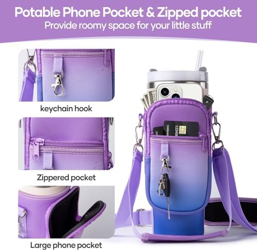 linmaya Water Bottle Carrier Bag with Phone Pocket for Stanley Cup 40/30oz,Insulated Neoprene Water Bottle Holder Cross-boday Bag with Adjustable Shoulder & Handheld Strap Stanley Cup Accessories