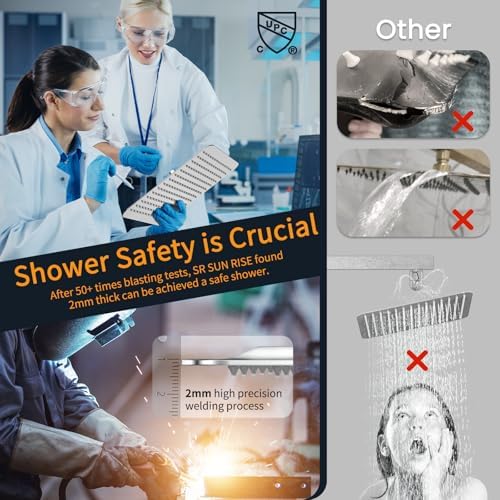 SR SUN RISE SRSH-F5043 Bathroom Luxury Rain Mixer Combo Set Wall Mounted Rainfall Shower Head System Polished Chrome, (Contain Faucet Rough-in Valve Body and Trim)