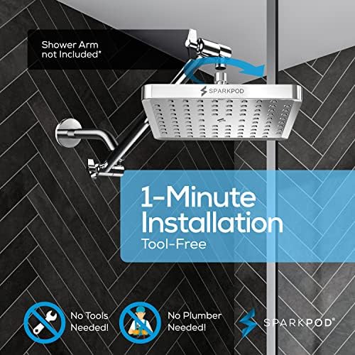 SparkPod Shower Head - High Pressure Rain - Premium Quality Luxury Design - 1-Min Install - Easy Clean Adjustable Replacement for Your Bathroom Shower Heads (Luxury Polished Chrome, 8 Inch Square)