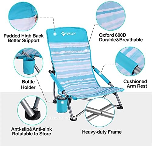 VILLEY Low Beach Chairs for Adults 2 Pack, High Back Folding Beach Chairs, Lightweight and Portable for Outdoor, Beach, Camping, Lawn, Music Festival, with Cup Holder and Carry Bag-Blue Stripes