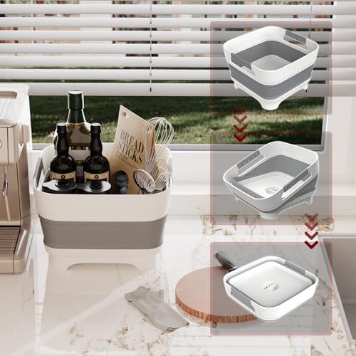 2.4 Gal Collapsbile Wash Basin with Drian Plug,9L Dish Pan for Soaking Baby Bottles,Portable Sink, Multiuse Foldable Bucket,Ice Beverage Tubs for Camping, Vegetable Washing, RV (Gray)