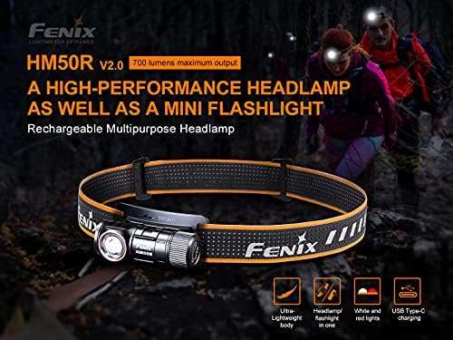 fenix HM50R v2.0 Headlamp, 700 Lumen USB-C Rechargeable Lightweight with White/Red Light, with Lumentac Organizer