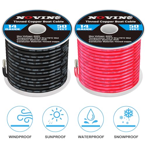 14 Gauge Marine Wire 14 AWG Marine Grade Wire Include 14 Gauge 50FT Red & 50FT Black,14 AWG Tinned Copper Cable Oxygen-Free Boat Battery Cable for Automotive Boat Speaker RV Camper Trailer
