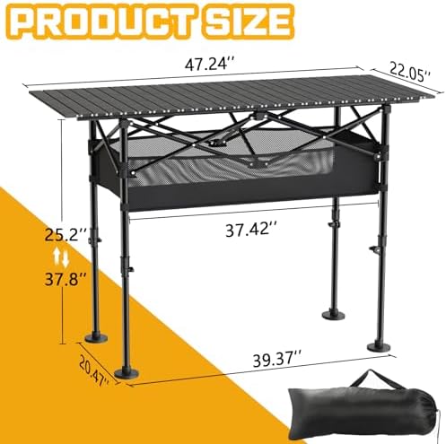 Height Adjustable Camping Table, Outdoor Folding Camping Table with Mesh Storage/Carrying Bag, Portable Aluminum Roll-up Table for Camping, Party, Backyard, BBQ