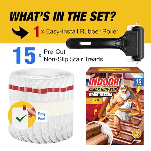 Clear Stair Treads Non-Slip 30"x8" - 15-Pack Indoor Stair Grips Non Slip for Wooden Steps - Anti Slip Adhesive Strips for Dogs & Elderly - Staircase Step Treads - Transparent Treads for Wood Stairs