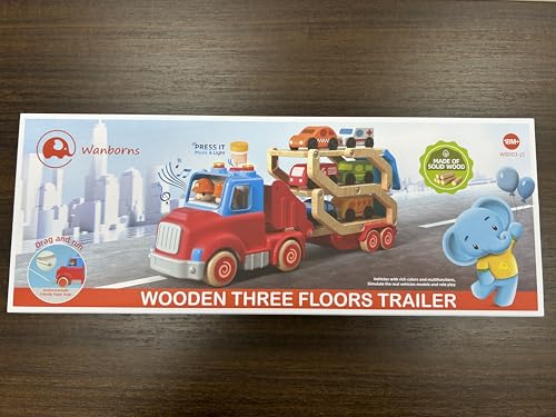 Toddler Toys for 2 3 4 5 Years Old Kids, Transport Car Carrier Truck Toy with 6 Wooden Vehicle, 30in Foldable Track Trailer with Light & Sound Effects, Best Gift Choice for Christmas, Birthday