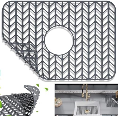 AWOKE Sink Protectors for Kitchen Sink | 16.2"x 12.5" Kitchen Sink Mats for Bottom of Kitchen Sink | Sink Inserts for Kitchen Sink of Stainless Steel Sink | Center Drain (Grey)