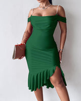 CHICME Women's Cold Shoulder Green Bodycon Midi Dresses Ruffle Hem Cocktail Christmas Party Green Dress-M