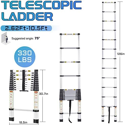 RIKADE Telescoping Ladder 10.5FT & Attic Ladder, Heavy Duty Aluminum with Non-Slip Feet, 330lb Capacity for RV, Attic, Roof & Multi-Surface Use