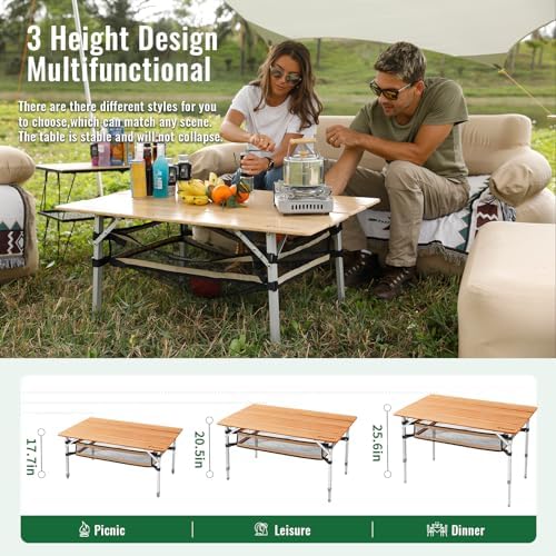 KingCamp Adjustable Height Folding Table, 4-Fold Bamboo Camping Outdoor Portable RV Camp Table with Carry Bag & Storage for Outdoor Car Backyard Picnic Tailgating Beach