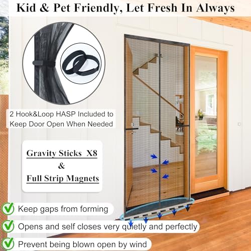 Magnetic Screen Door Upgraded-Model Full Strip Magnets,Fiberglass Heavy Duty Mesh Screen Doors Magnets,Retractable Door Screen Magnetic Closure for Single Front Patio Fit Doors to 32x80