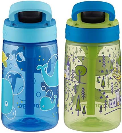 Contigo Aubrey Kids Water Bottle with Silicone Straw and Spill-Proof Lid, 14 oz, 2 Pack, Whales & Dragon