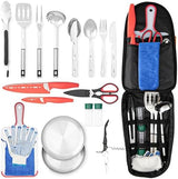 Camping Utensils Set, 21pcs Camp Cooking Kit with BBQ Tools, Knife Set & Spice Kit – Heat-Resistant Cutting Board, Dishwasher-Safe Cutlery for Outdoor, Hiking, Backpacking
