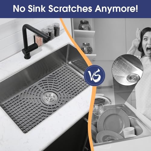 Silicone Sink Protector 30"x16" Center Hole, Heat Resistant Non-slip Dishwasher Suitable, Large Sink Mat for Bottom of Farmhouse Kitchen Stainless Steel Sink