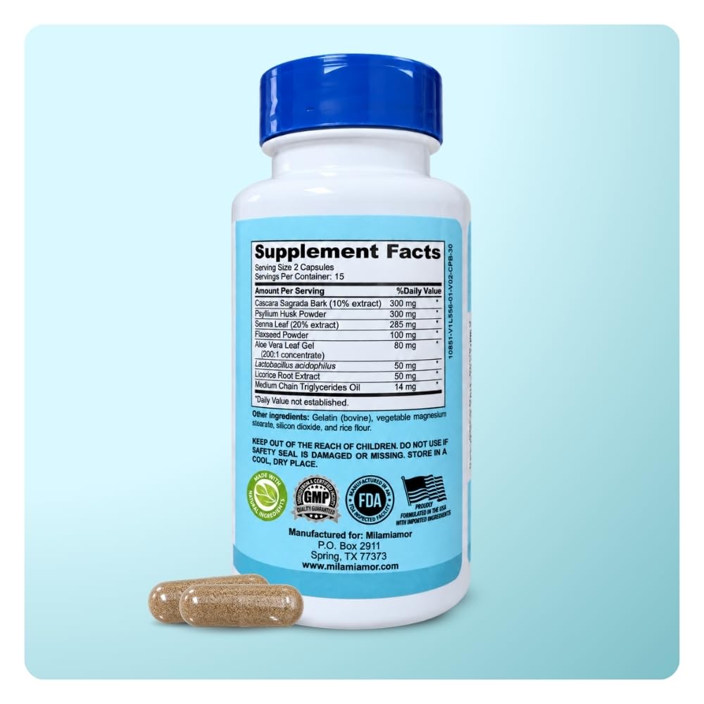 Mila Miamor 15 Day Cleanse - Gut and Colon Support - Advanced Gut Cleanse Detox for Women & Men with Senna, Cascara Sagrada & Psyllium Husk - Non-GMO - Made in USA - 30 Capsules
