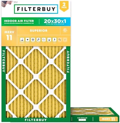 Filterbuy 20x30x1 Air Filter MERV 11 Allergen Defense (2-Pack), Pleated HVAC AC Furnace Air Filters Replacement (Actual Size: 19.63 x 29.63 x 0.75 Inches)
