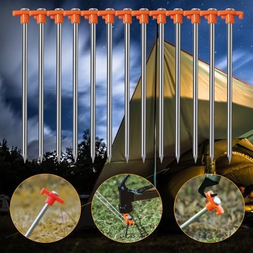20 Pack Tent Stakes - 10 Inch Galvanized Non-Rust Ground Stakes Heavy Duty Canopy Anchors Metal Tent Pegs for Camping, Garden, Hiking, Orange