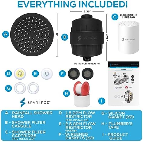 SparkPod Luxury Filtered Shower Head Set 23 Stage Shower Filter - Reduces Chlorine and Heavy Metals - High Pressure Showerhead Filter (6" Round, Midnight Black Matte)