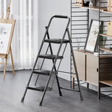 KINGRACK Folding 4 Step Ladder, Portable Ladder for Multi-Purpose, Home, Kitchen, Heavy Sturdy Steel Step Stool with Anti-Slip Wide Pedals, Handrail, Safe-Lock Design, Pass 500lbs Load Testing, Black