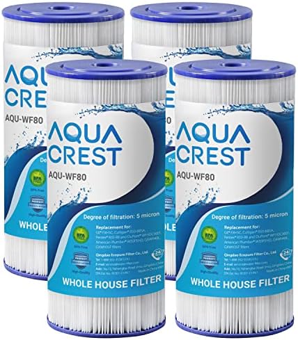 AQUA CREST FXHSC Whole House Water Filter Replacement for GE® FXHSC, GXWH40L, GXWH35F, American Plumber W50PEHD, W10-PR, Culligan® R50-BBSA, 5 Micron 10" x 4.5", High Flow Sediment Filters, Pack of 4