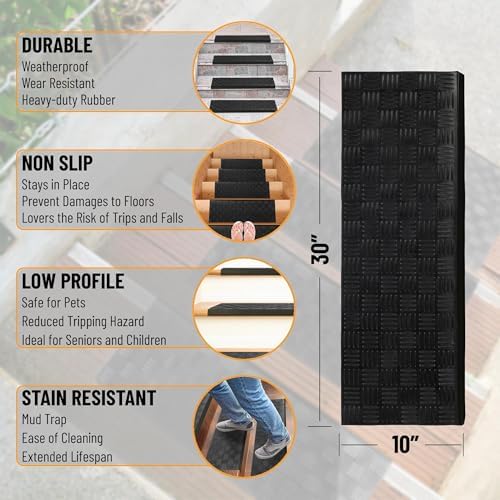 Indoor/Outdoor Hose-Wash Square Edge Design Non-Slip Rubber 10" x 30" Modern Stair Treads for Stairs, Garage, Patio, 5 Pack, Ridged Black