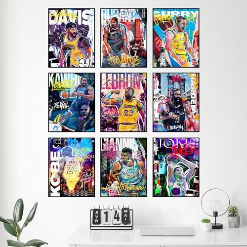 Bigwig Prints Basketball Posters for Boys Bedroom - Basketball Room Decor, Nba Posters, Steph Curry, Kobe Bryant Wall Art, Kevin Durant, Lebron James, Sports Art For Bedroom - Unframed Set of 9 (8x10)