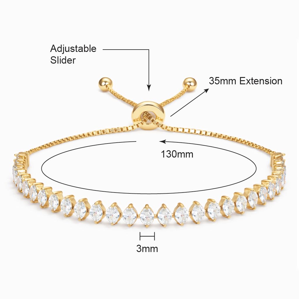 SWEET PEEPS 18K Gold Dipped CZ Tennis Bracelet for Women, Marquise Cut Cubic Zirconia Adjustable Bracelet, Dainty Gold Jewelry for Everyday Wear
