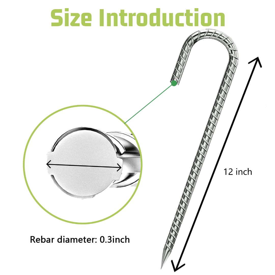 J-Hook-Rebar-Stakes-12 Inch, Ground Stakes Heavy Duty Rebar Stakes for Camping 8pcs Rebar Stakes Rust Proof Coated Metal for Flower Gardens Dog Fence Camping Tents Chicken Coop