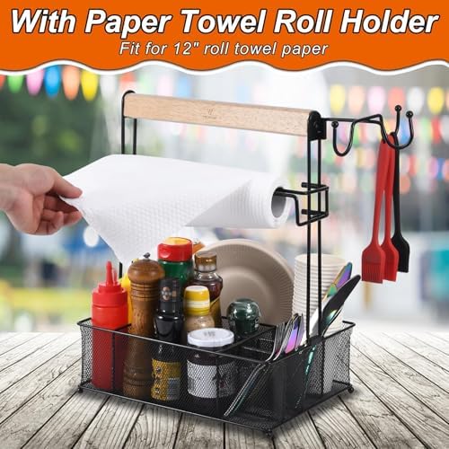 Grill Caddy, Picnic BBQ Organizer for Camping Outdoor Mesh Basket with 3 Hanging Hooks and Paper Towel Holder, Ideal Table Storage Tools for RV Camper/Tailgating/Flatware