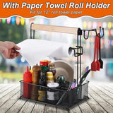 Grill Caddy, Picnic BBQ Organizer for Camping Outdoor Mesh Basket with 3 Hanging Hooks and Paper Towel Holder, Ideal Table Storage Tools for RV Camper/Tailgating/Flatware