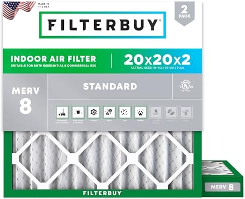 Filterbuy 20x20x2 Air Filter MERV 8 Dust Defense (2-Pack), Pleated HVAC AC Furnace Air Filters Replacement (Actual Size: 19.50 x 19.50 x 1.75 Inches)