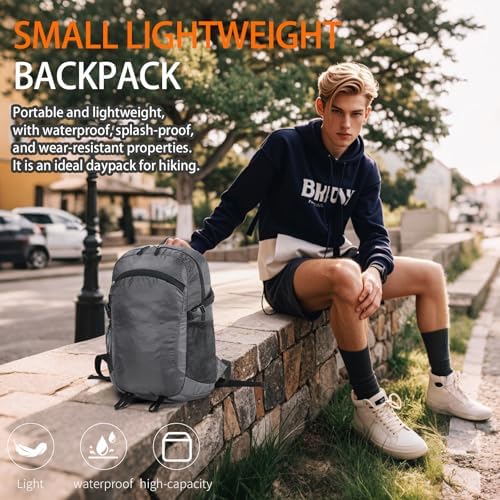 Small Hiking Daypack,15L Waterproof Hiking Backpack Packable Lightweight Travel Day Pack for Women Men (Grey, Small)