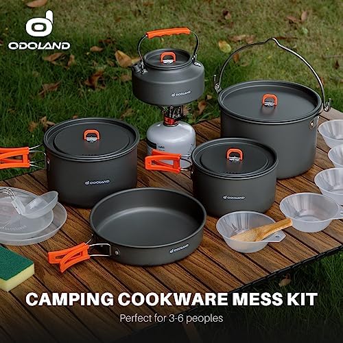 Odoland 18pcs Camping Cookware Large Size Hanging Pot Pan Kettle Set with Plastic Plates Bowls Soup Spoon for Camping, Backpacking, Outdoor Cooking and Picnic
