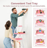 BONTEC 4-Step Ladder, 400lbs Max Load, Folding Step Stool with Tool Tray, Anti-Slip Pedals, Sturdy Steel, Lightweight Portable Ladder with Handrail for Home & Work Use, Pink