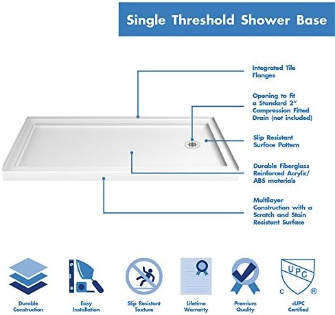 DreamLine SlimLine 32 in. D x 60 in. W x 2 3/4 in. H Right Drain Single Threshold Shower Base in White, DLT-1132602