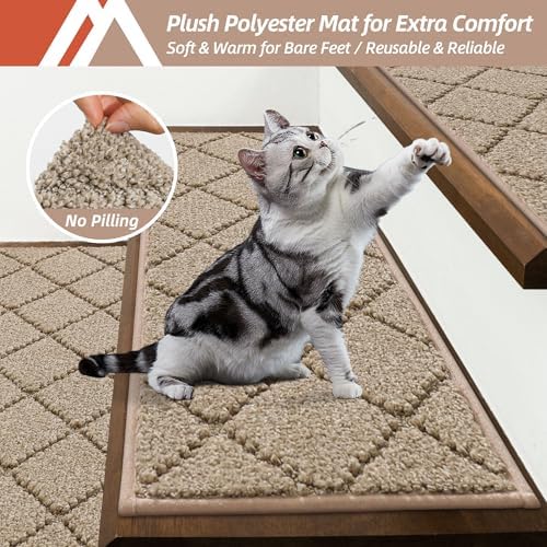COSY HOMEER Edging Stair Treads Non-Slip Carpet Mat 28inX9in Indoor Stair Runners for Wooden Steps, Edging Stair Rugs for Kids and Dogs, 100% Polyester TPE Backing (7pc, Beige)